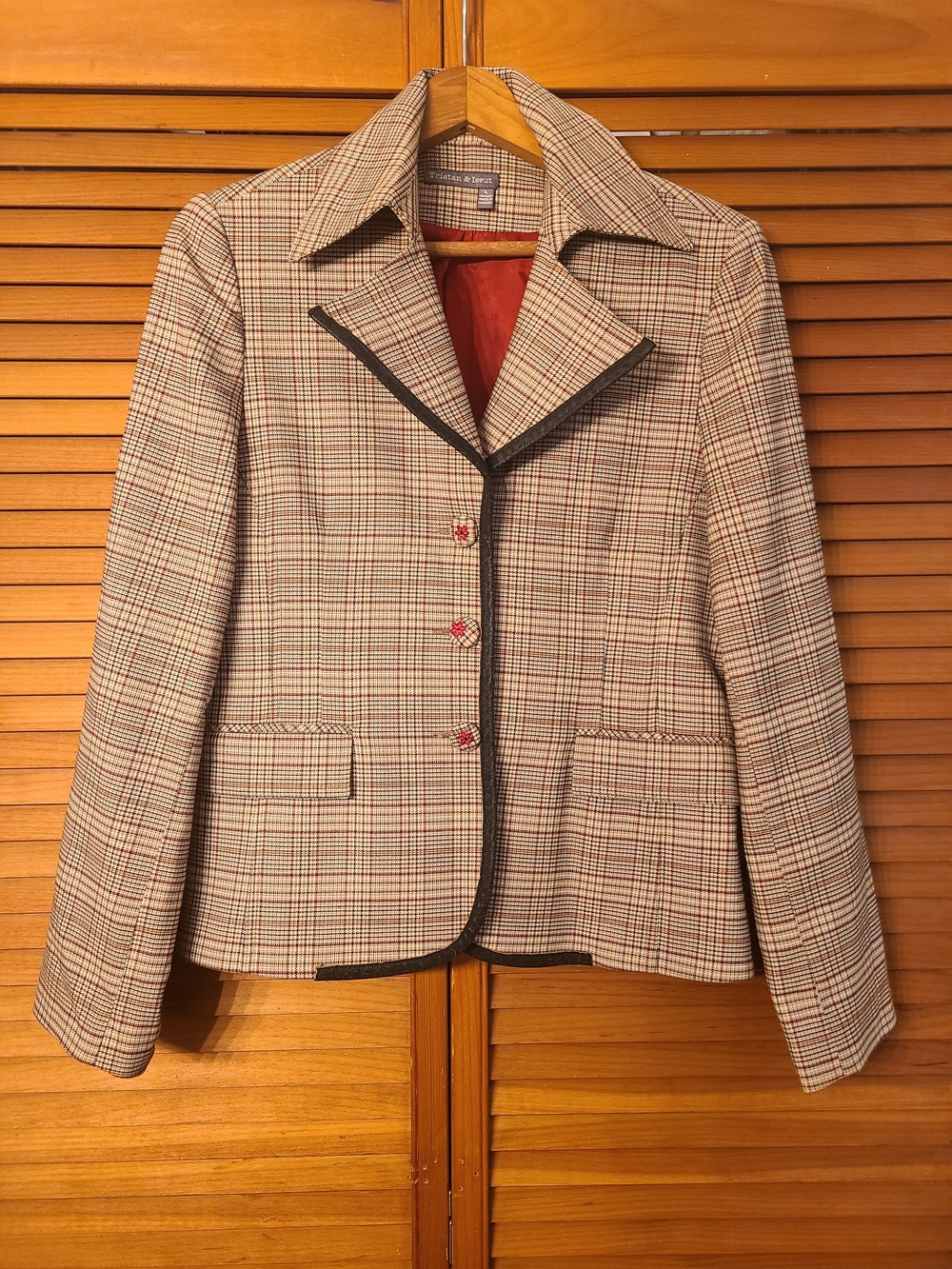 Tristan & Iseat Plaid Blazer in Cream, Tan and Red Trim